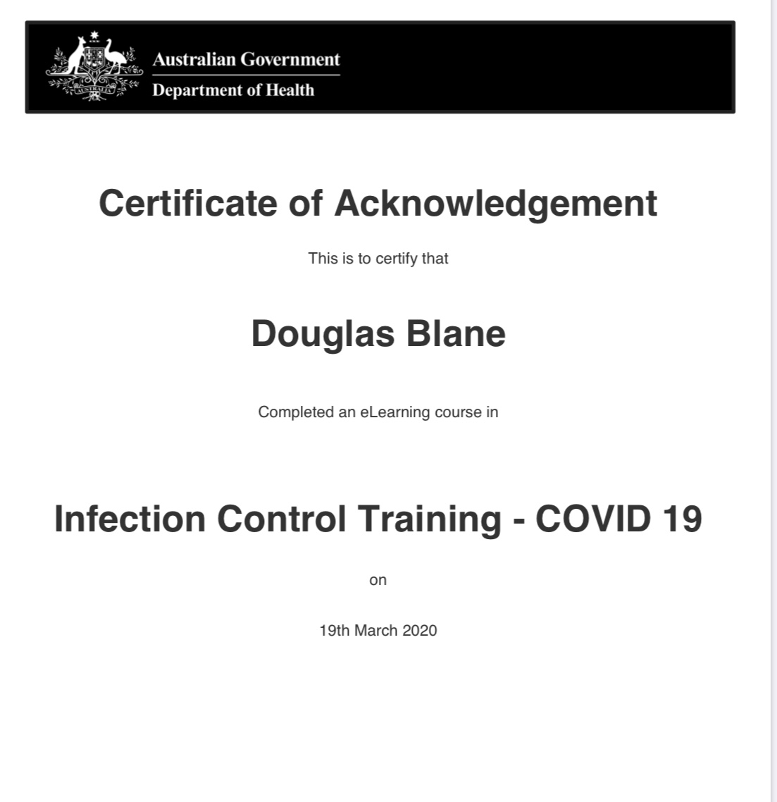 Infection Control Training Certificate - Douglas