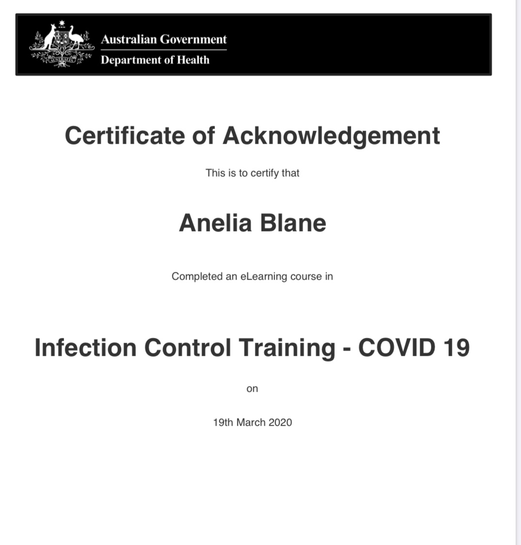 Infection Control Training Certificate - Anelia